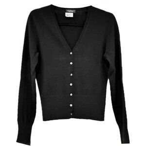 Lord  &Taylor Black Cashmere Cardigan Sweater Classic V-neck Ribbed Cuffs & Hem